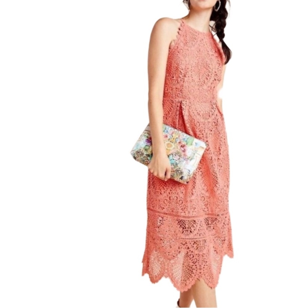 Eri + Ali Anthropologie Dress Sz 8 Coral Pink Sleeveless Halter Lace Midi